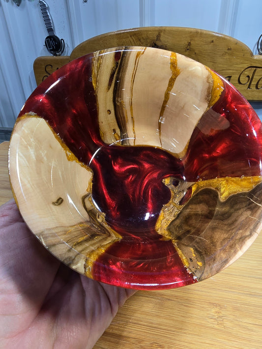 Figured Maple Handturned Bowl with deep red and gold resin | Handmade