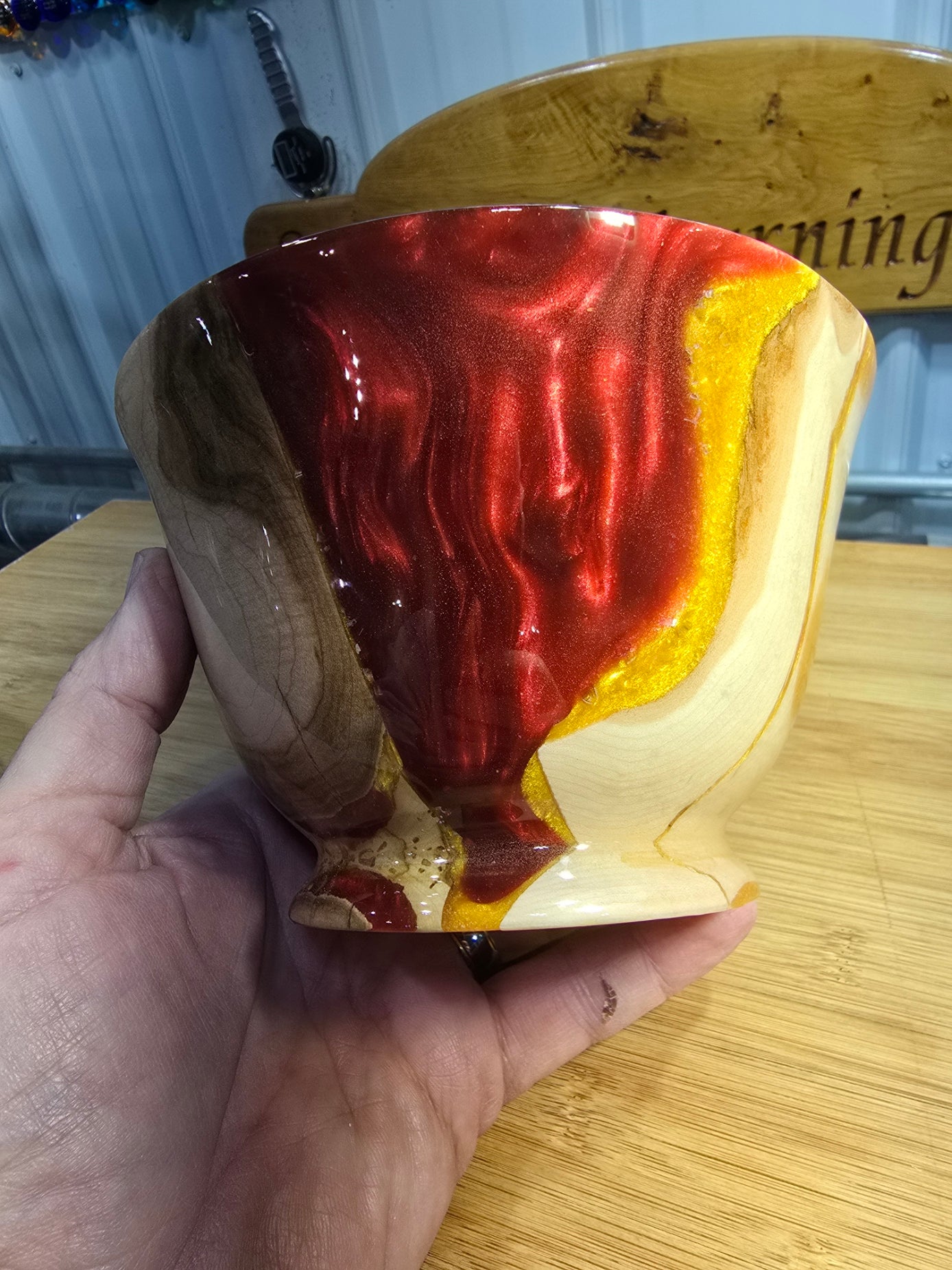 Figured Maple Handturned Bowl with deep red and gold resin | Handmade