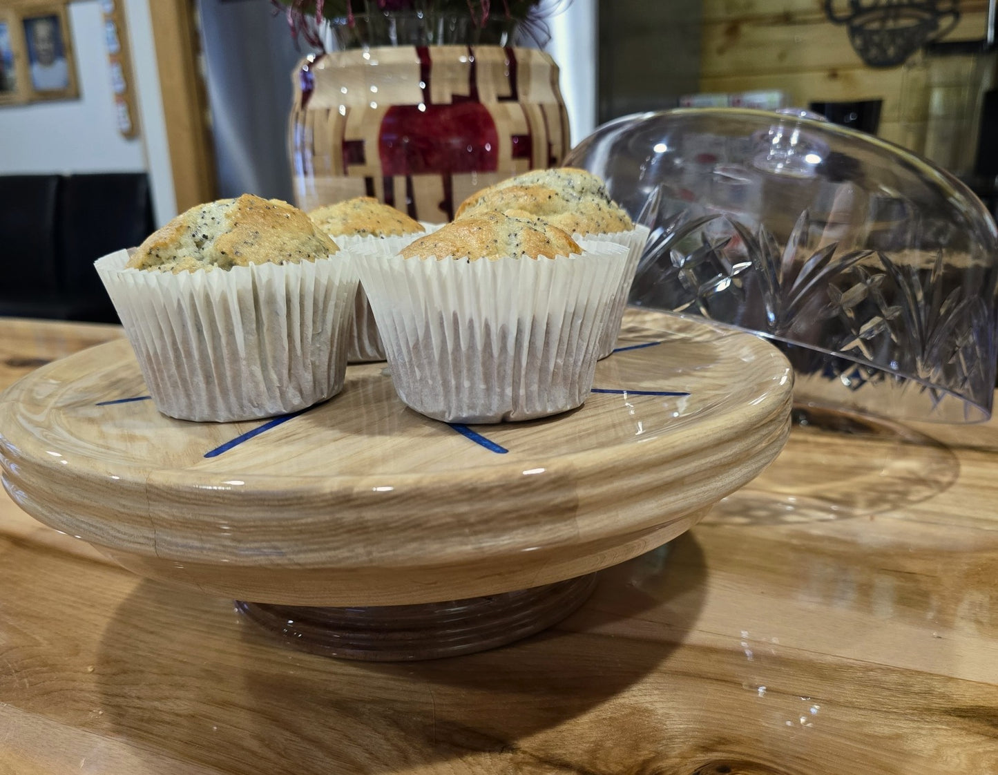 One of a Kind Wood and Resin Cake Stand on Cherry Pedestal