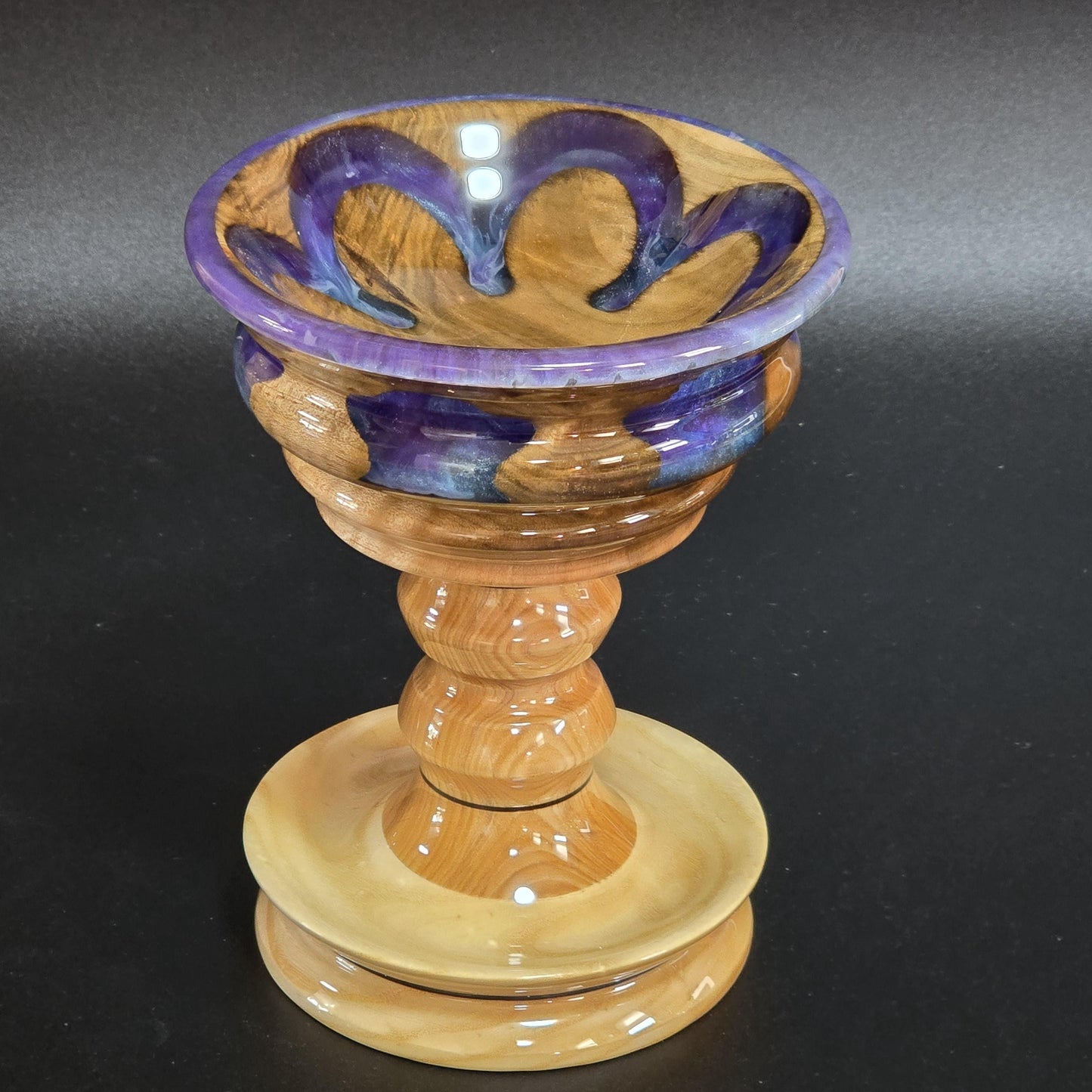 Pedestal Candy Dish with Blue Resin Accents and Rim | Handmade Wood Bowl