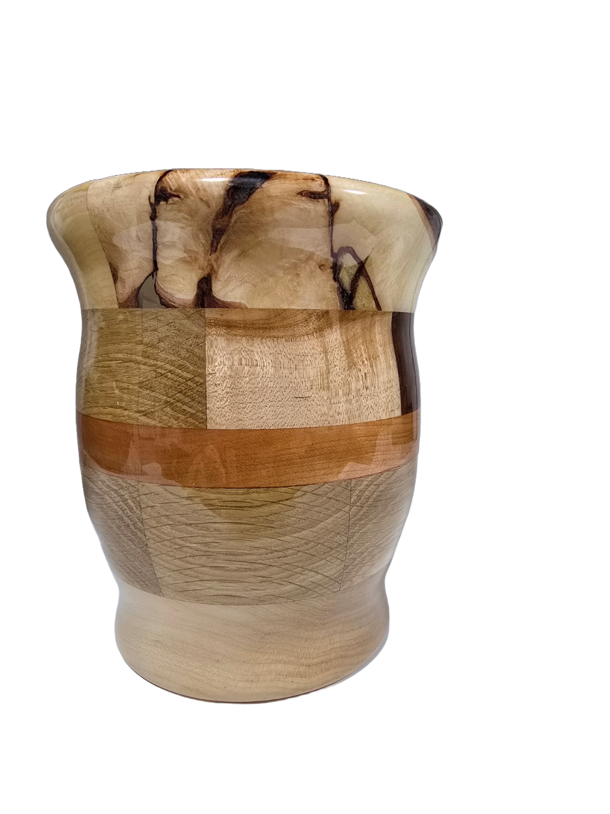 Hand turned segmented black walnut, oak, cherry and maple large wood vase