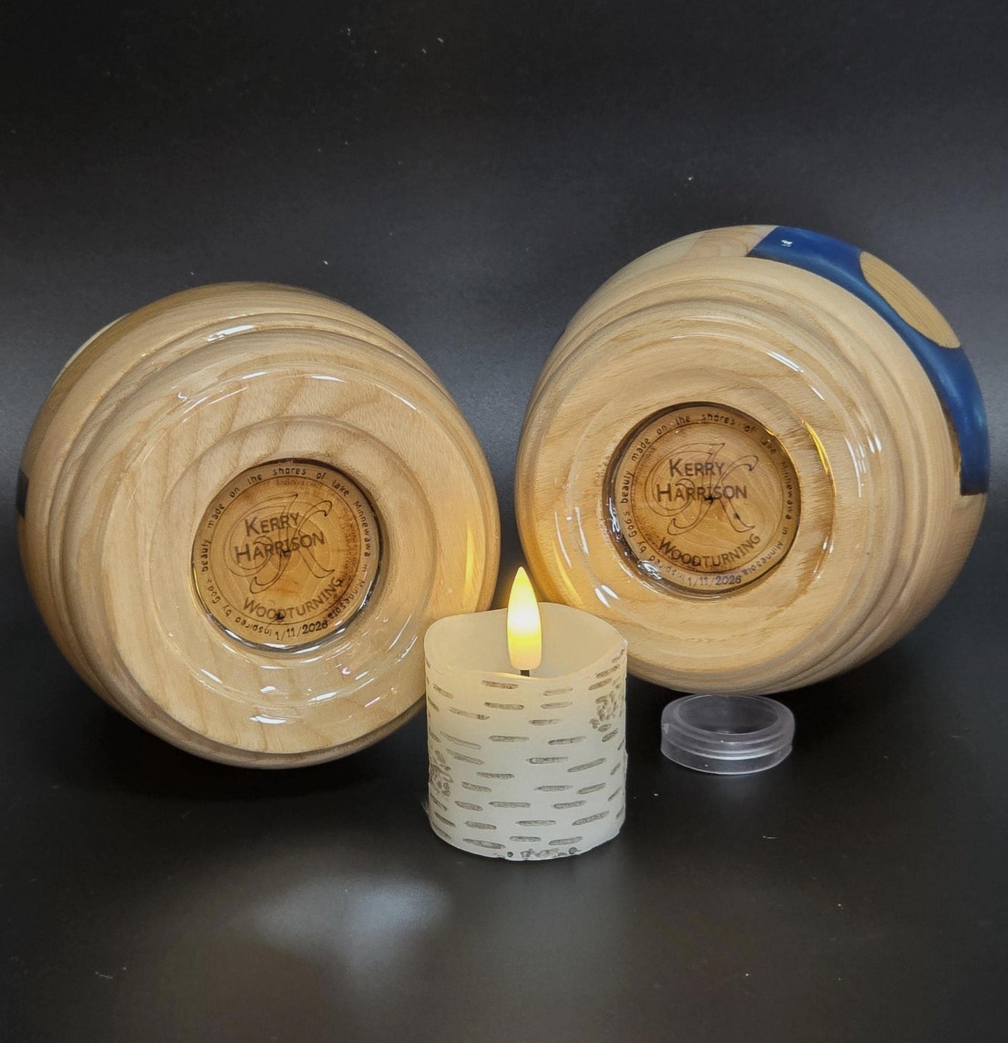2 Chunky Wooden Candleholders - Wood & Blue Resin - flameless candles included