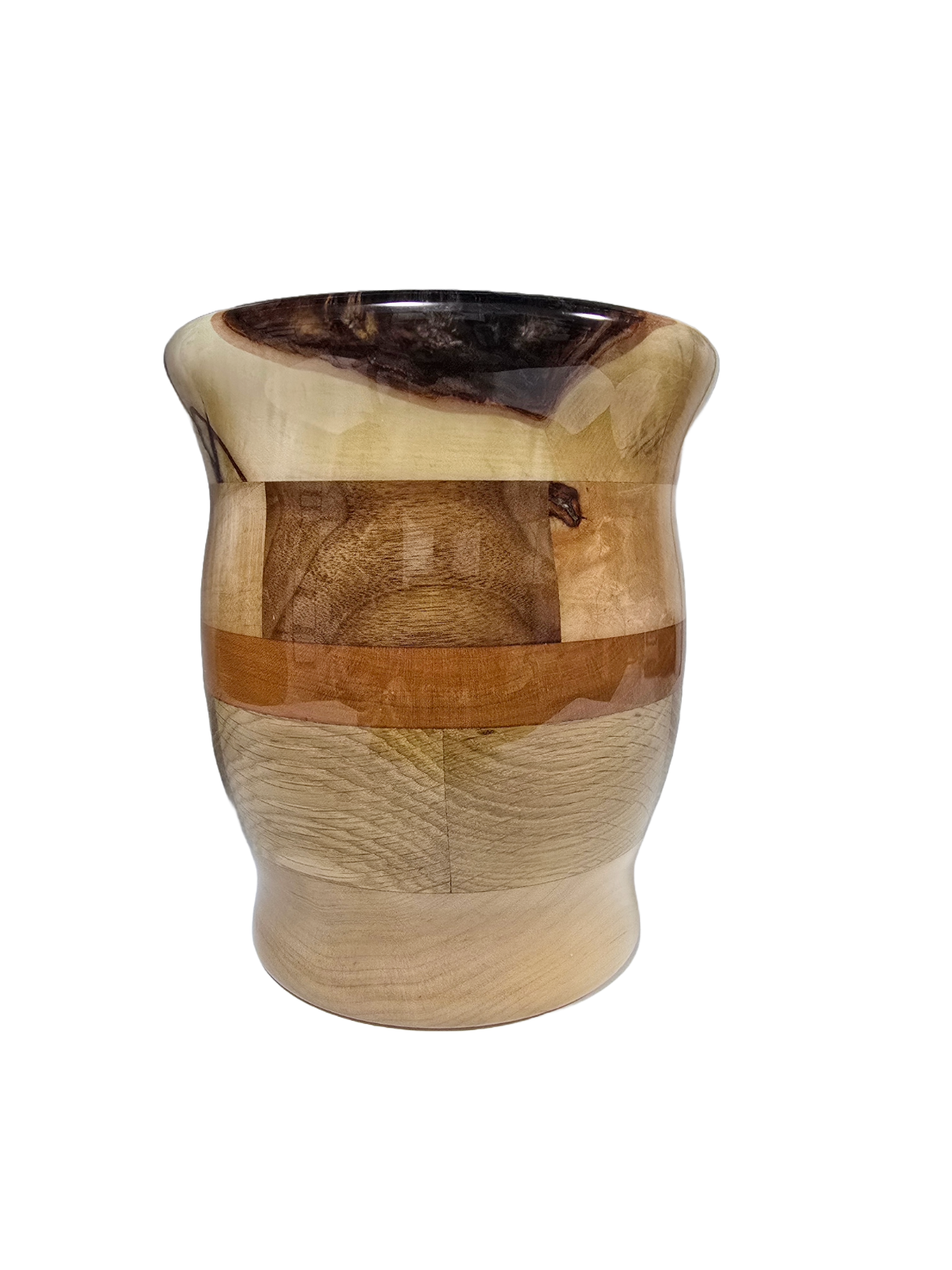 Hand turned segmented black walnut, oak, cherry and maple large wood vase