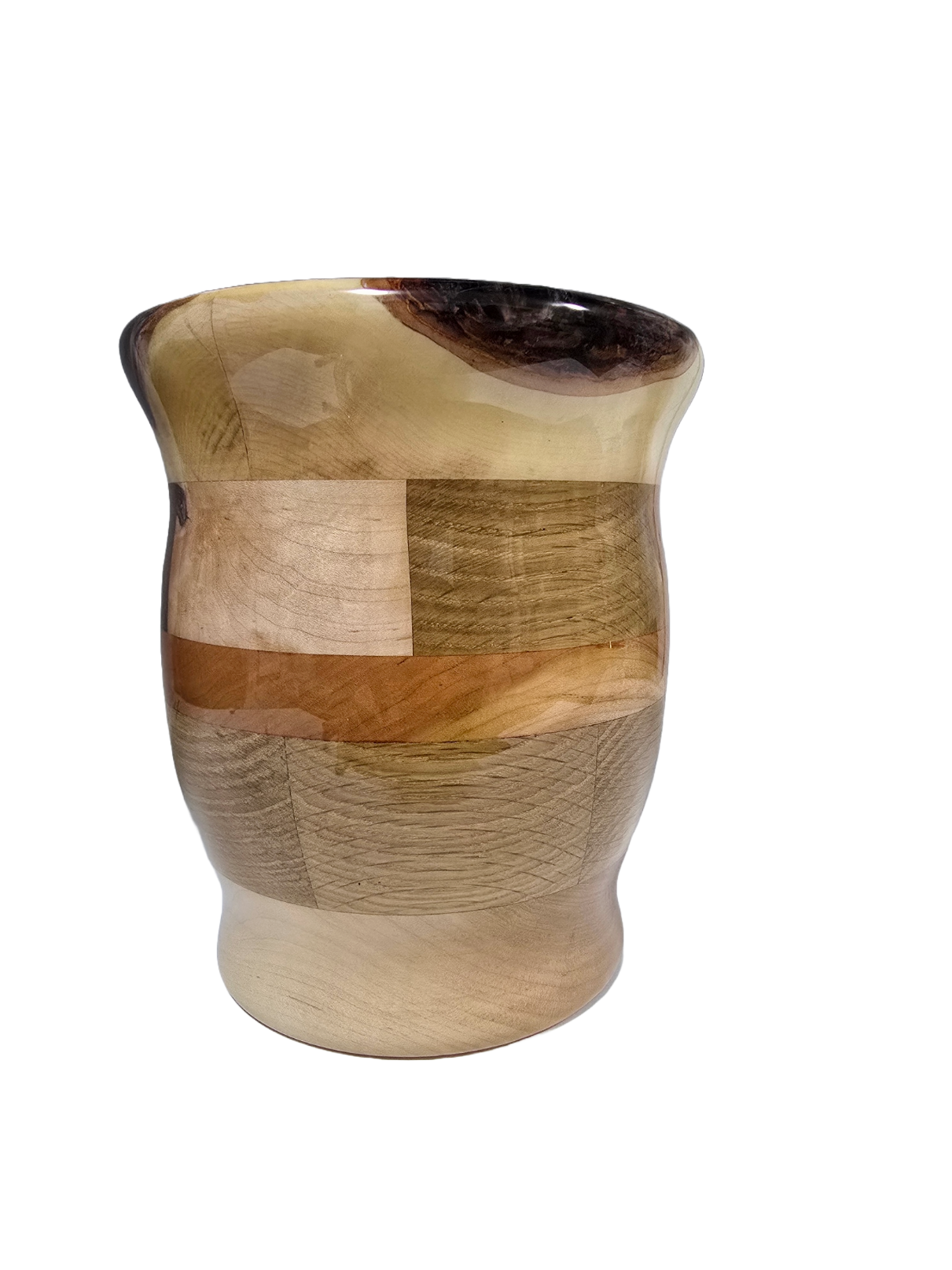 Hand turned segmented black walnut, oak, cherry and maple large wood vase