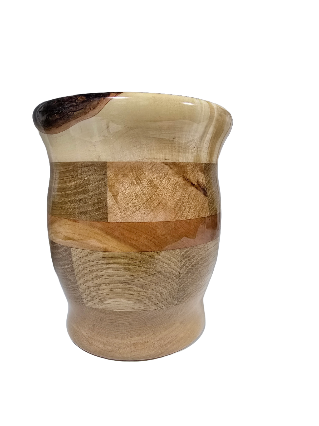 Hand turned segmented black walnut, oak, cherry and maple large wood vase