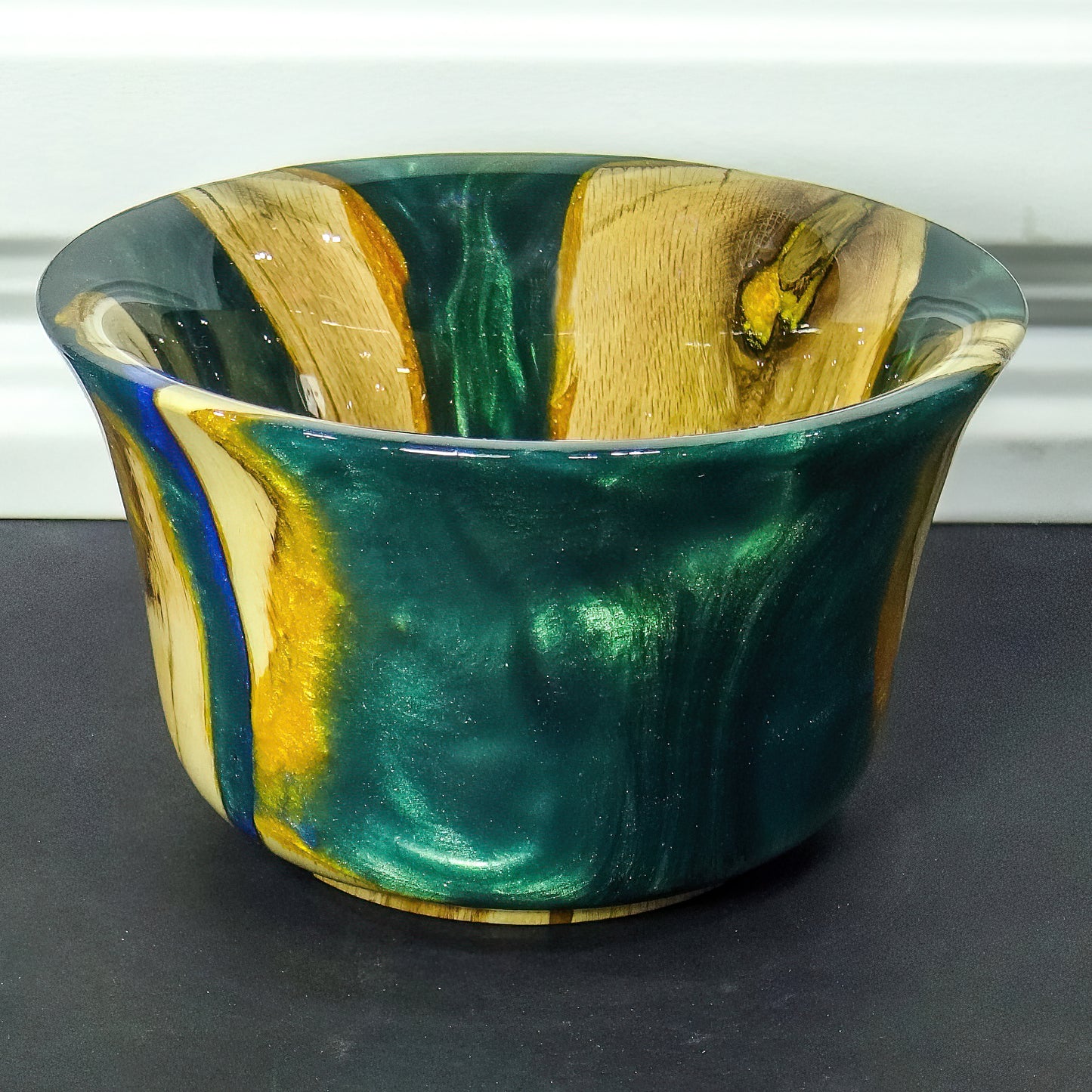 Handturned Oak Bowl with green and gold resin | Handmade in northern Minnesota