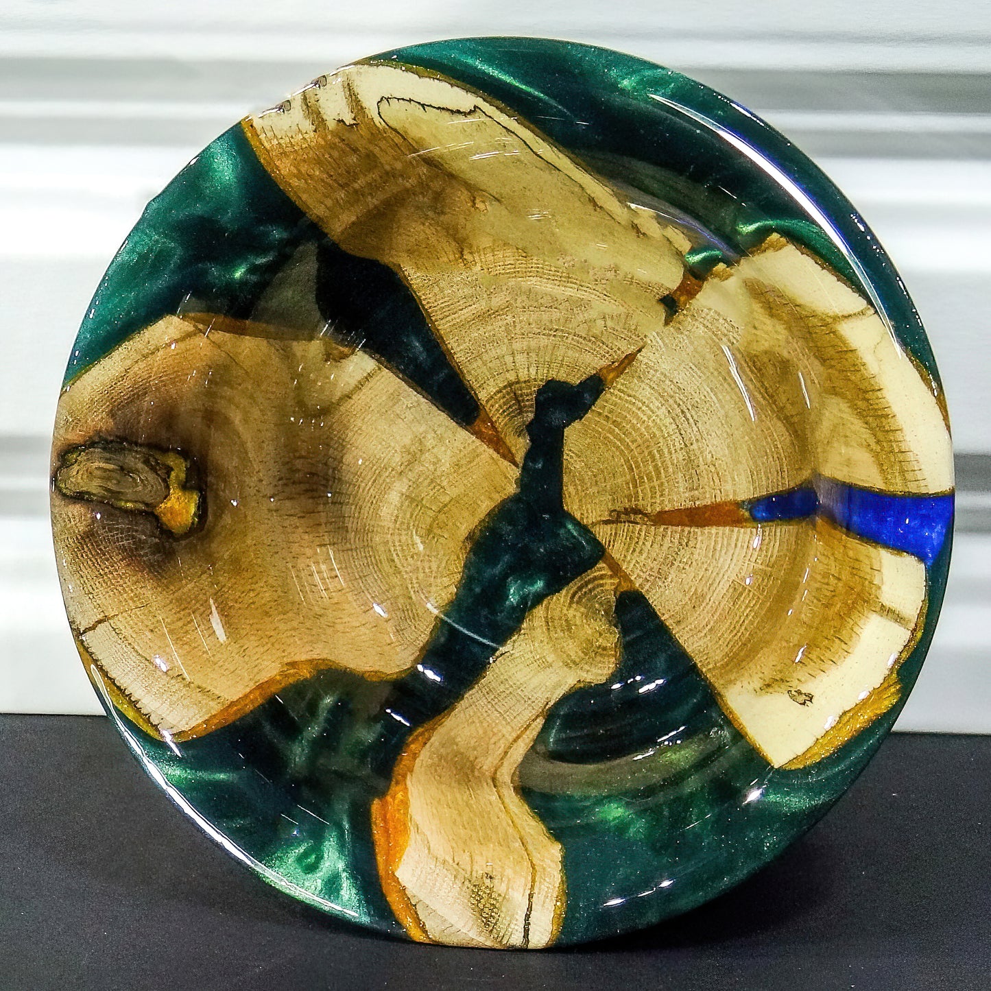 Handturned Oak Bowl with green and gold resin | Handmade in northern Minnesota