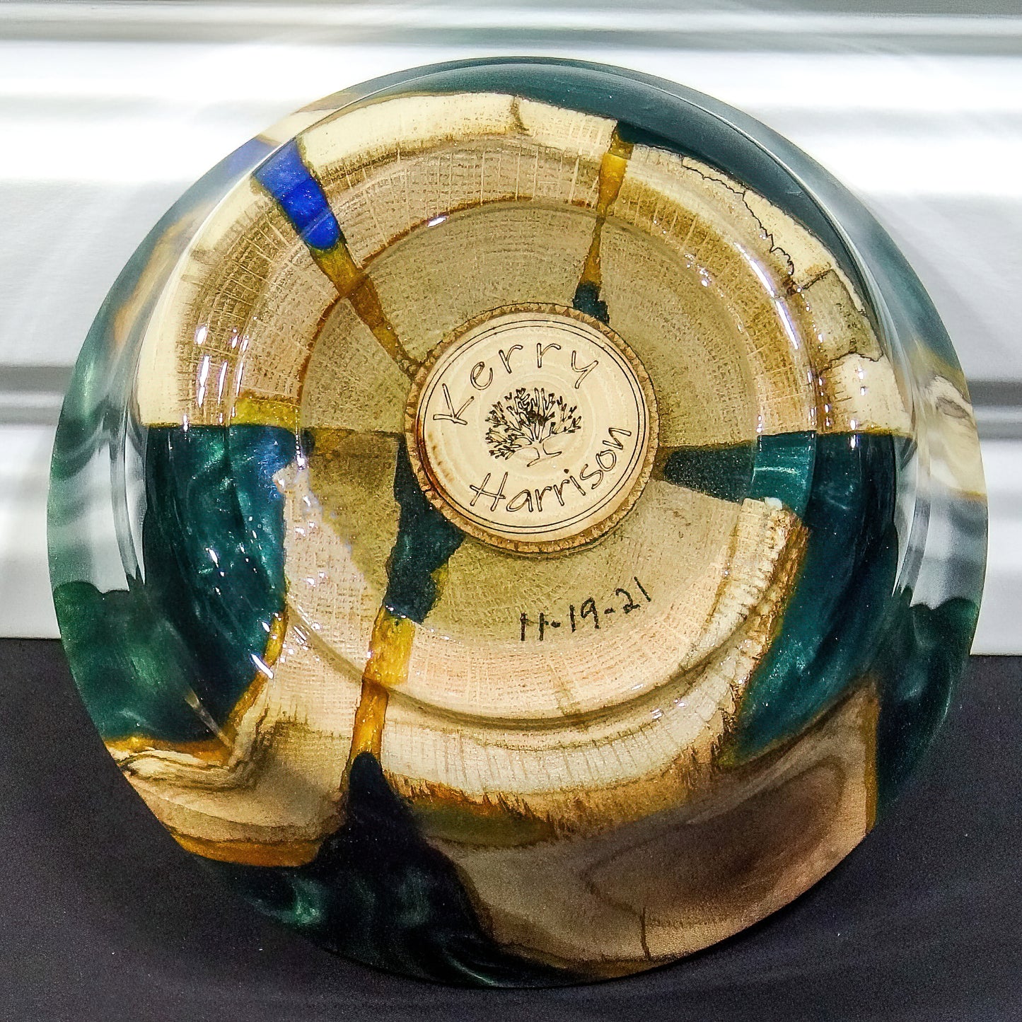 Handturned Oak Bowl with green and gold resin | Handmade in northern Minnesota
