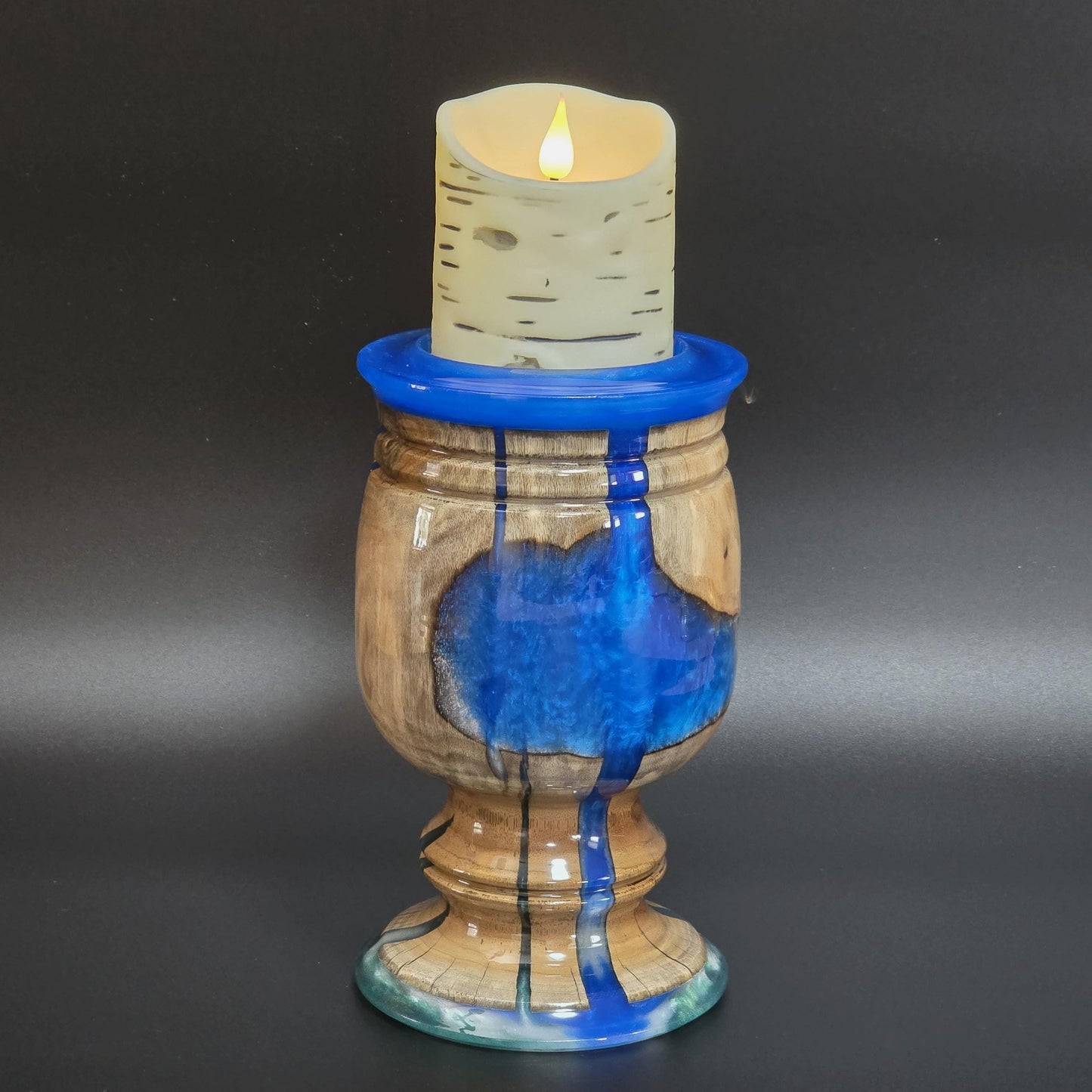 Wood Candle Holder with Royal Blue Resin - Minnesota Handcrafted - flameless candle included