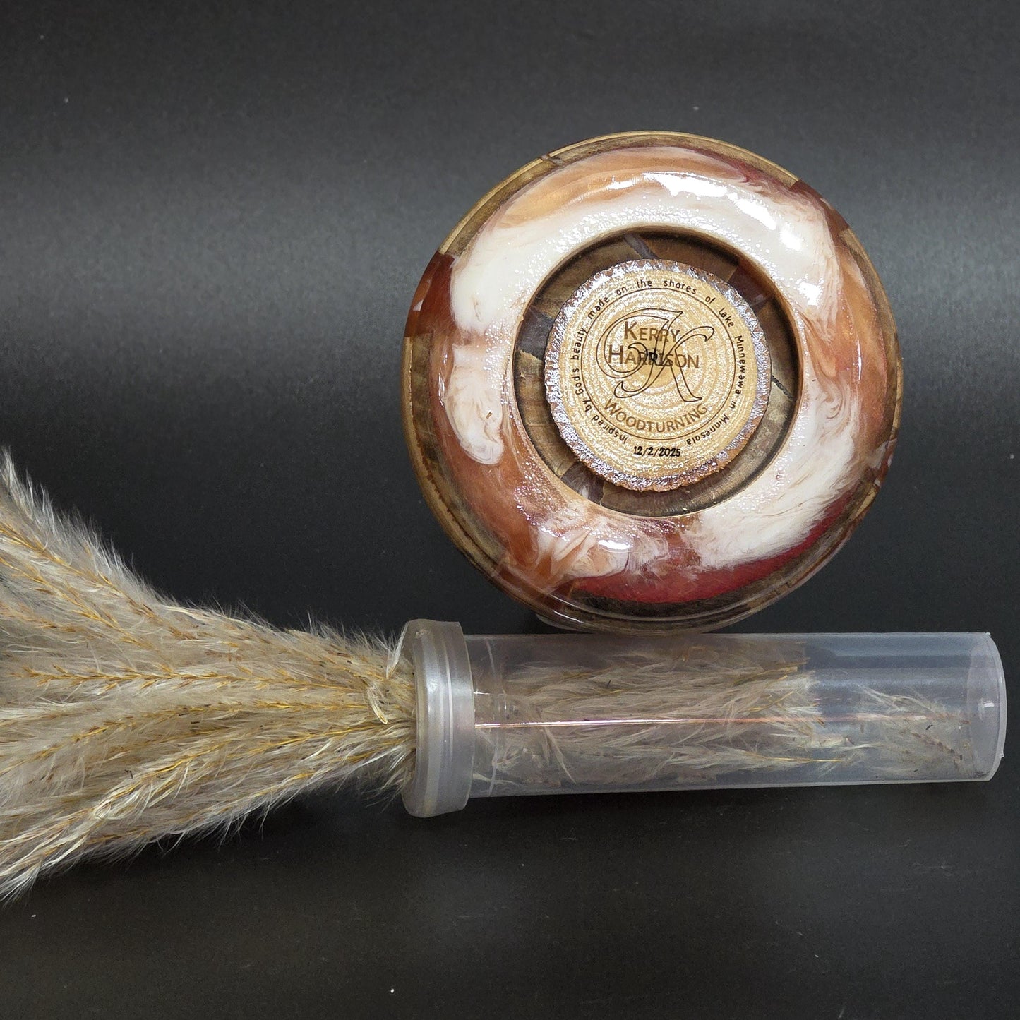 Hand Turned Wood Bud Vase - Orange resin rim - water tube included
