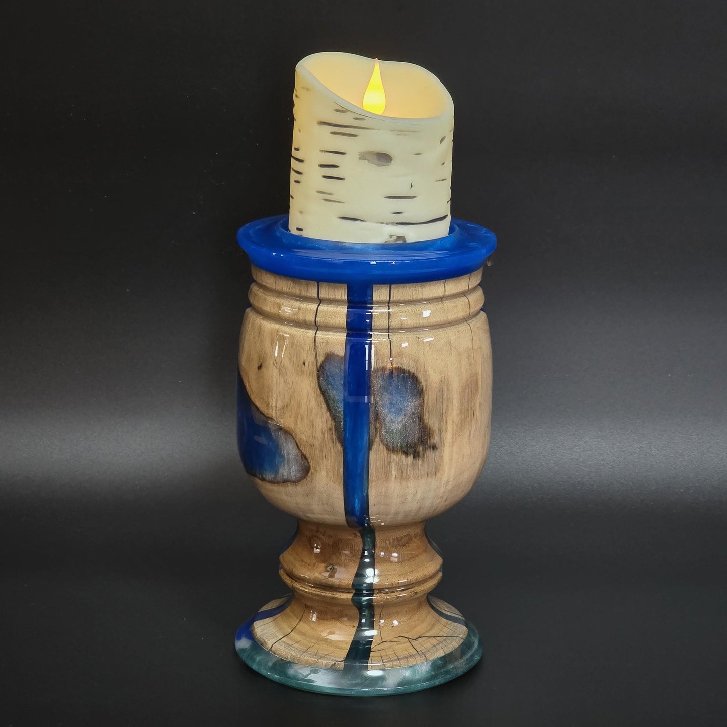 Wood Candle Holder with Royal Blue Resin - Minnesota Handcrafted - flameless candle included