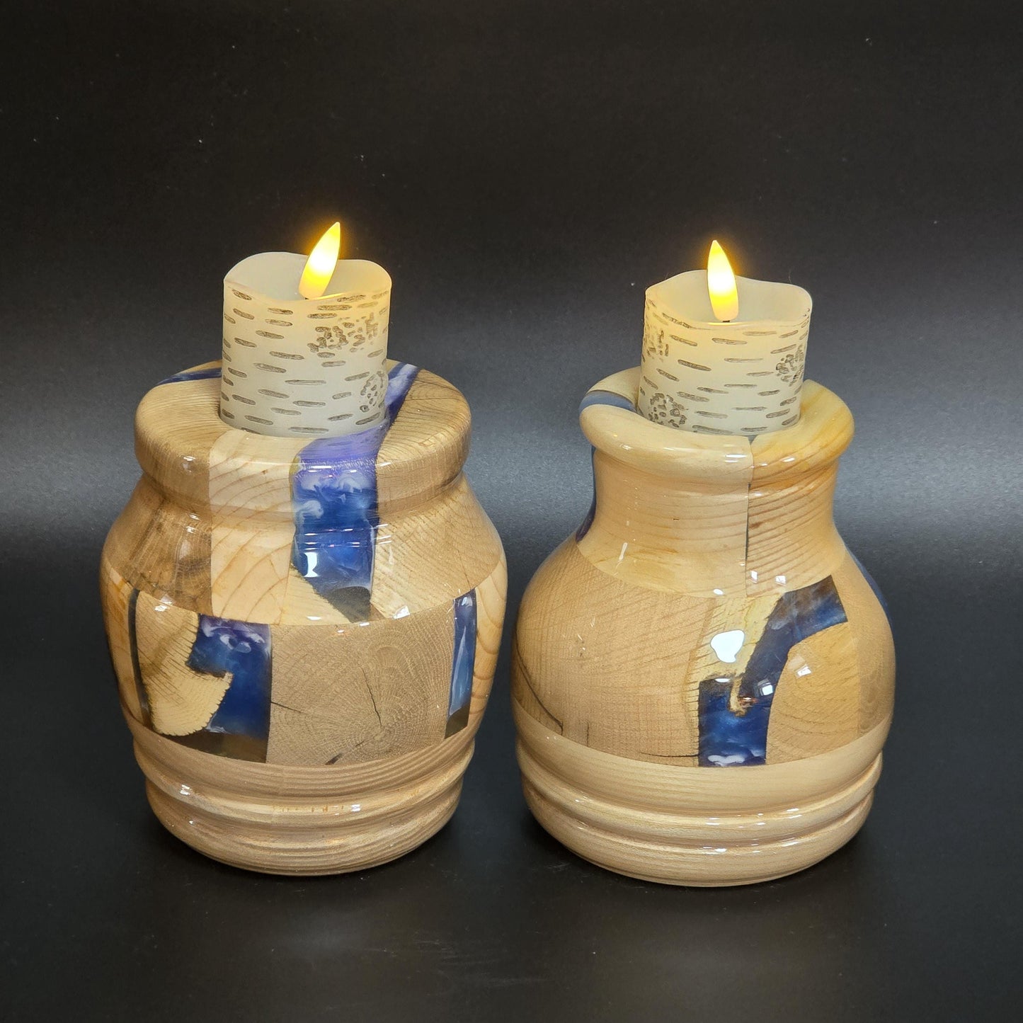 2 Chunky Wooden Candleholders - Wood & Blue Resin - flameless candles included