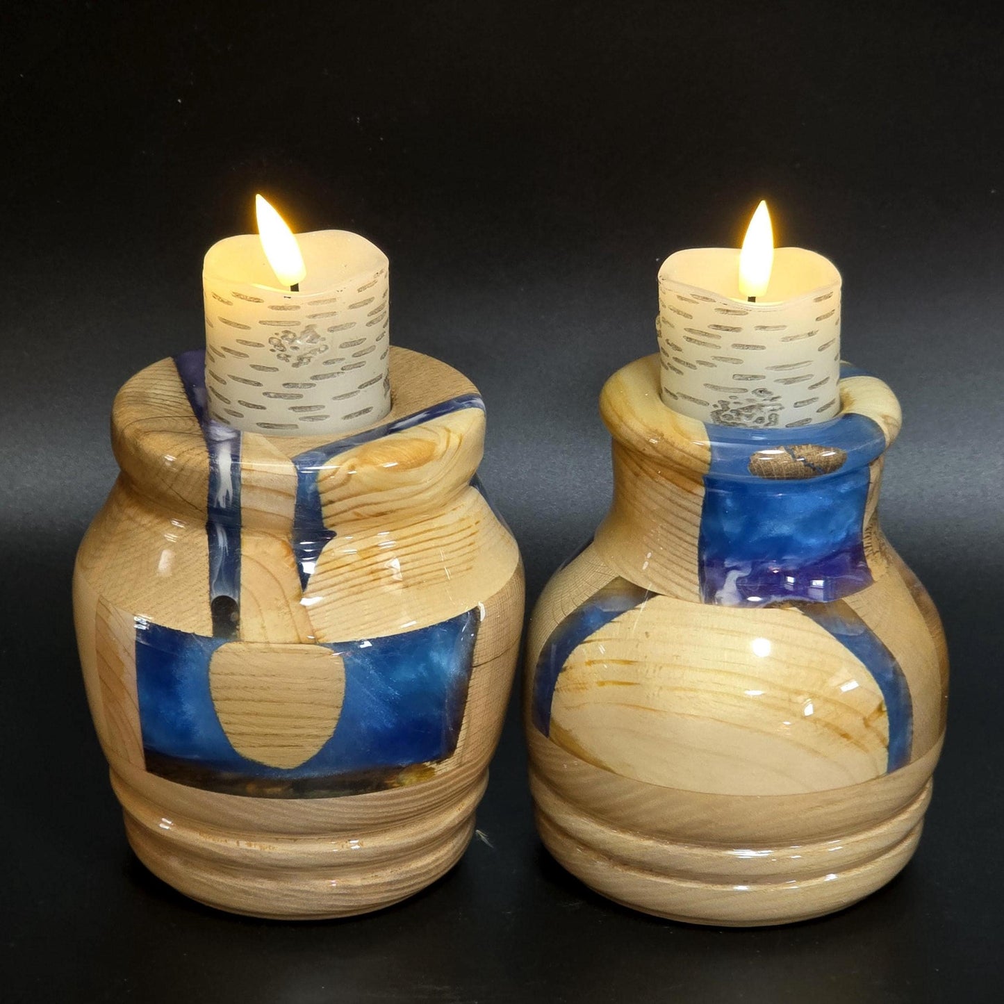 2 Chunky Wooden Candleholders - Wood & Blue Resin - flameless candles included