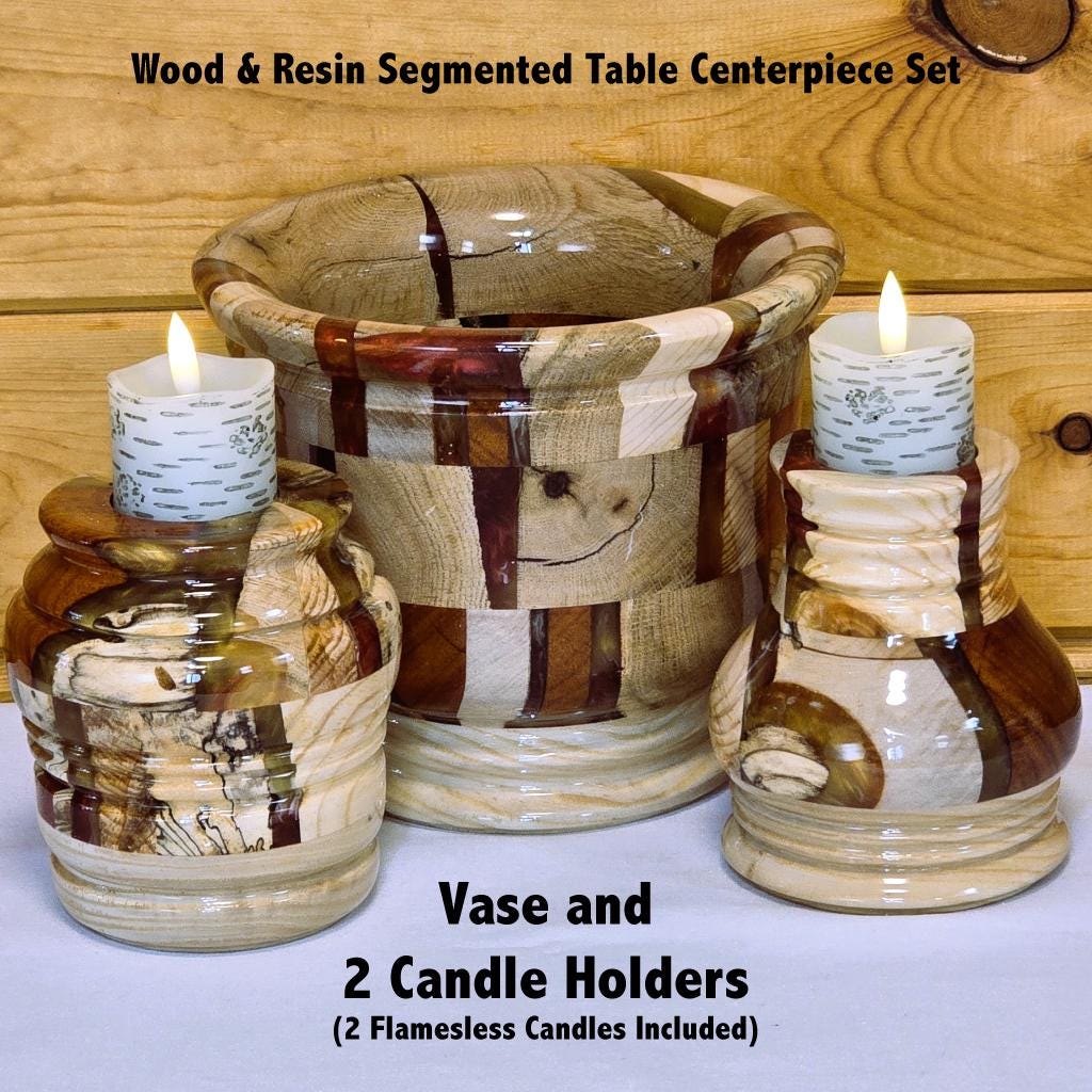 Wood and Resin Dining Table Centerpiece - Vase with 2 Candle Holders - Segmented - Minnesota Made