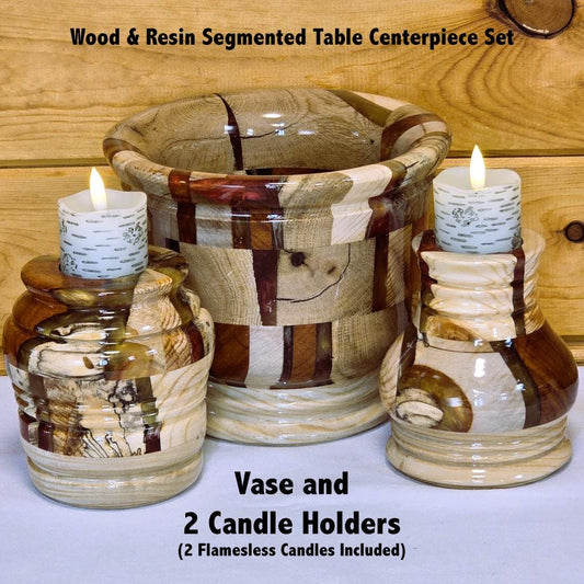 Wood and Resin Dining Table Centerpiece - Vase with 2 Candle Holders - Segmented - Minnesota Made
