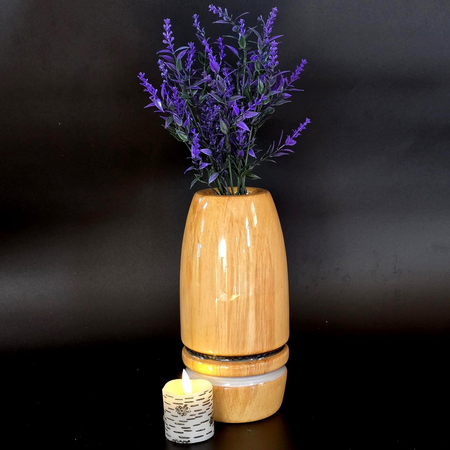 Wooden Pine Vase with Clear Water Tube and Flamesless Candle - Made in Minnesota