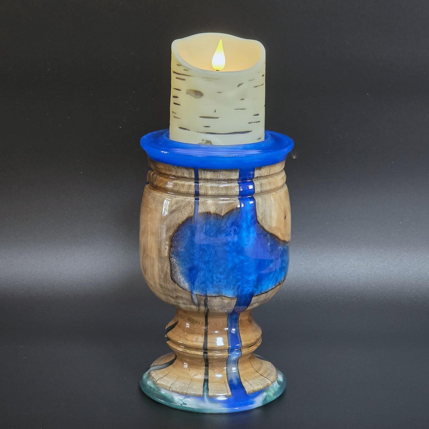 Wood Candle Holder with Royal Blue Resin - Minnesota Handcrafted - flameless candle included