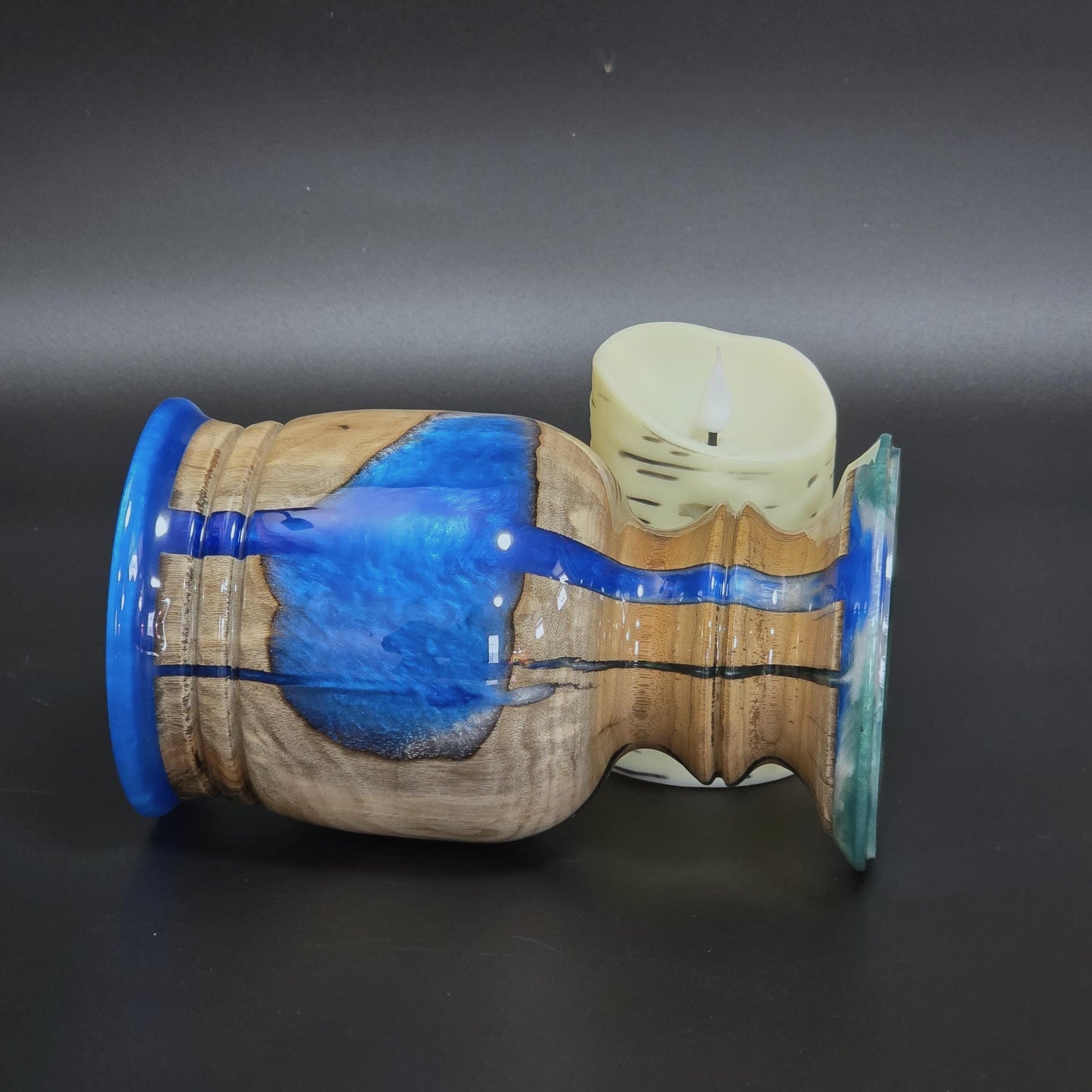 Wood Candle Holder with Royal Blue Resin - Minnesota Handcrafted - flameless candle included
