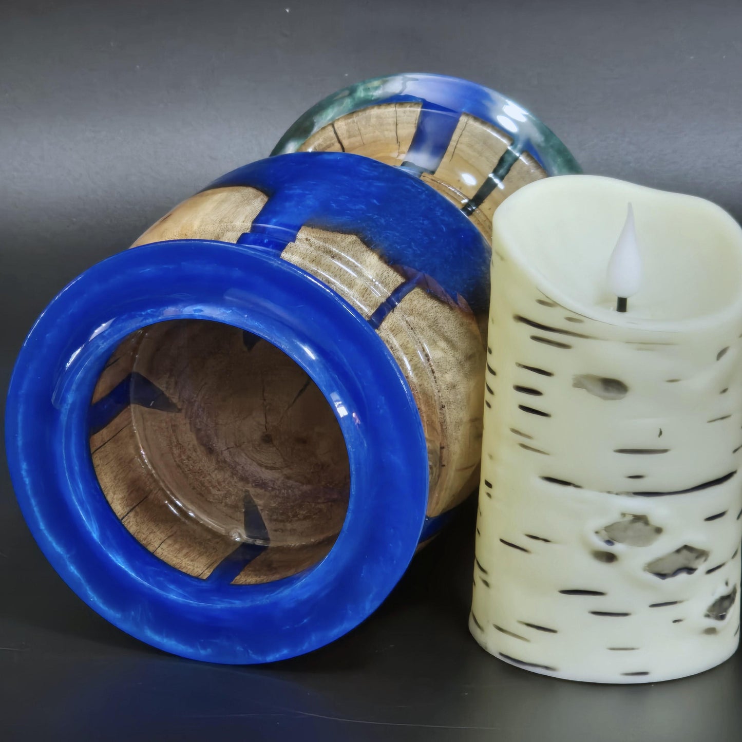 Wood Candle Holder with Royal Blue Resin - Minnesota Handcrafted - flameless candle included