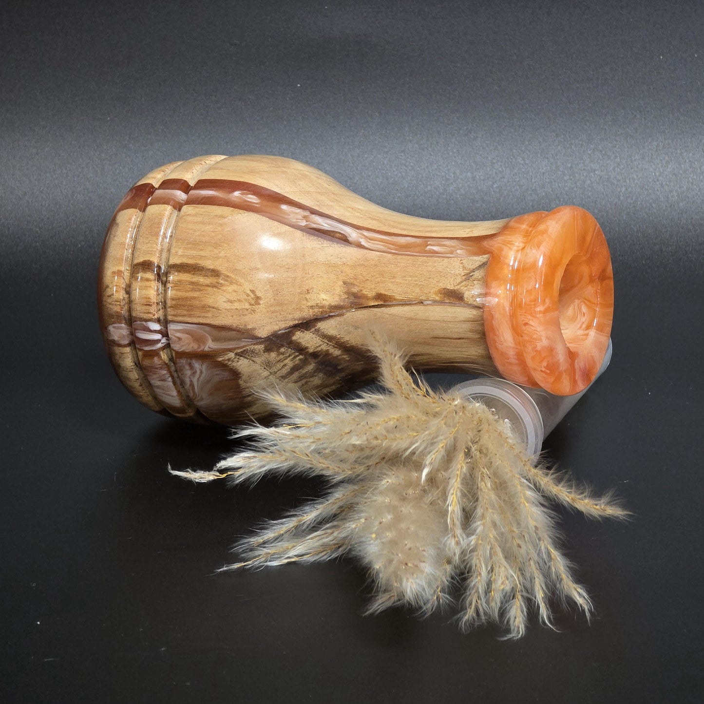 Hand Turned Wood Bud Vase - Orange resin rim - water tube included