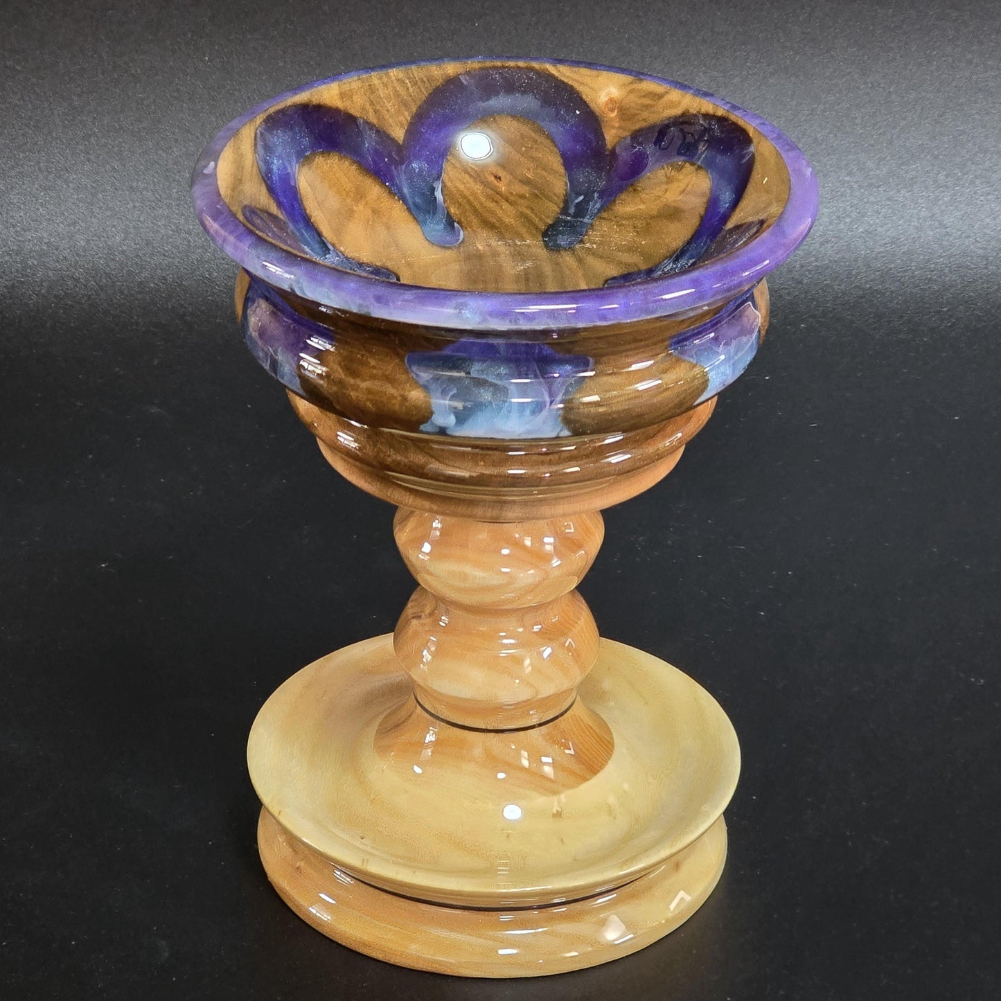 Pedestal Candy Dish with Blue Resin Accents and Rim | Handmade Wood Bowl