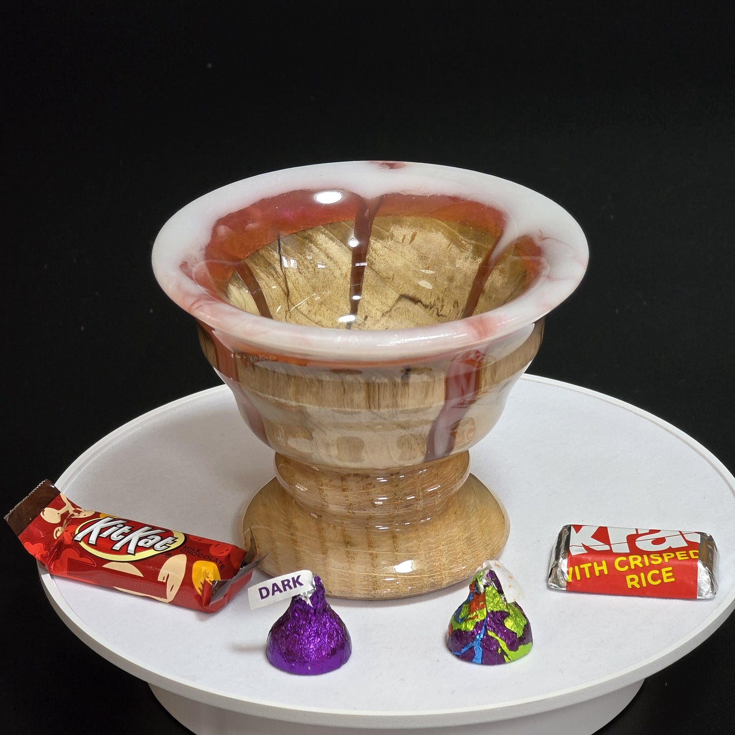 Wood Candy Dish 5" Round - Hand Turned Using Wood with Orange & White Resin Accents