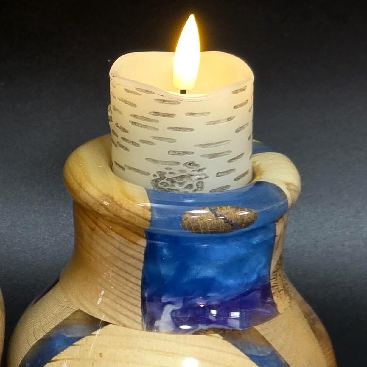 2 Chunky Wooden Candleholders - Wood & Blue Resin - flameless candles included