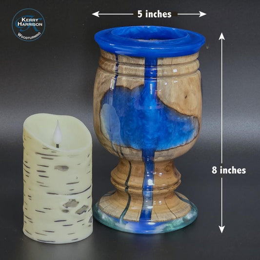 Wood Candle Holder with Royal Blue Resin - Minnesota Handcrafted - flameless candle included