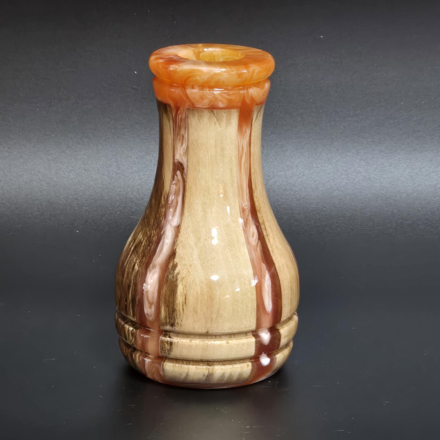 Hand Turned Wood Bud Vase - Orange resin rim - water tube included