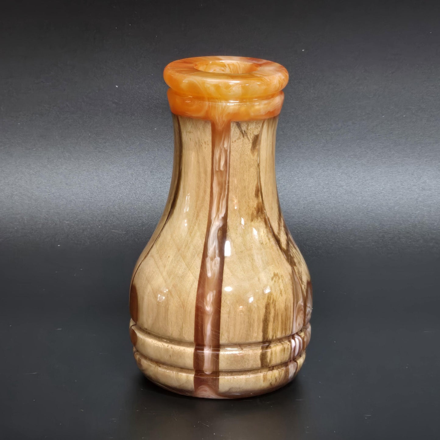 Hand Turned Wood Bud Vase - Orange resin rim - water tube included