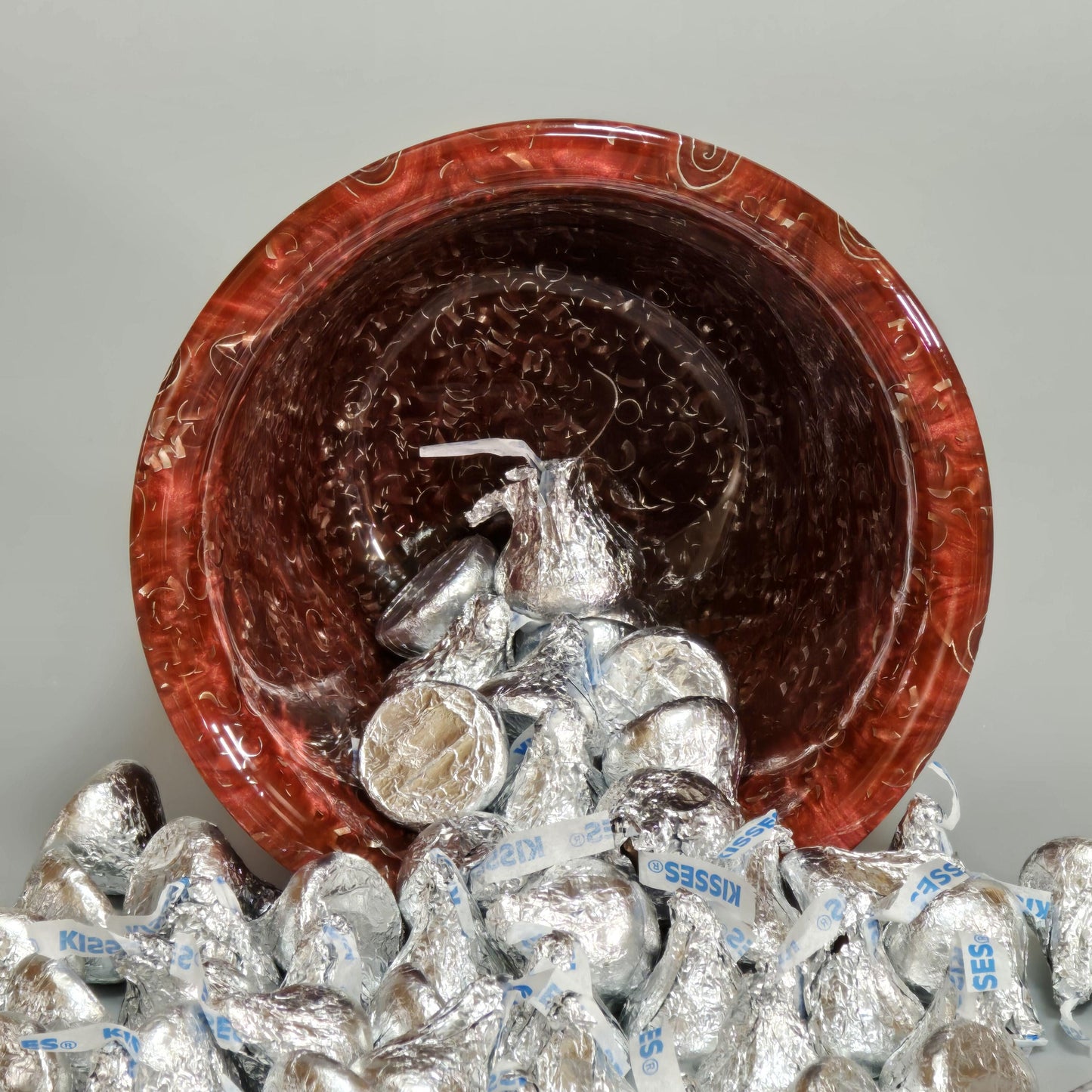 Candy Dish - Lathe Turned using Red Resin with Metal Shavings Embedded -5" Round