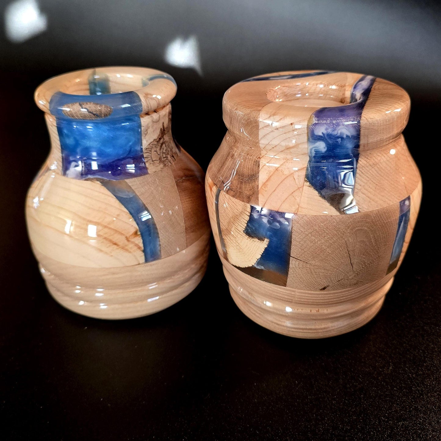 2 Chunky Wooden Candleholders - Wood & Blue Resin - flameless candles included