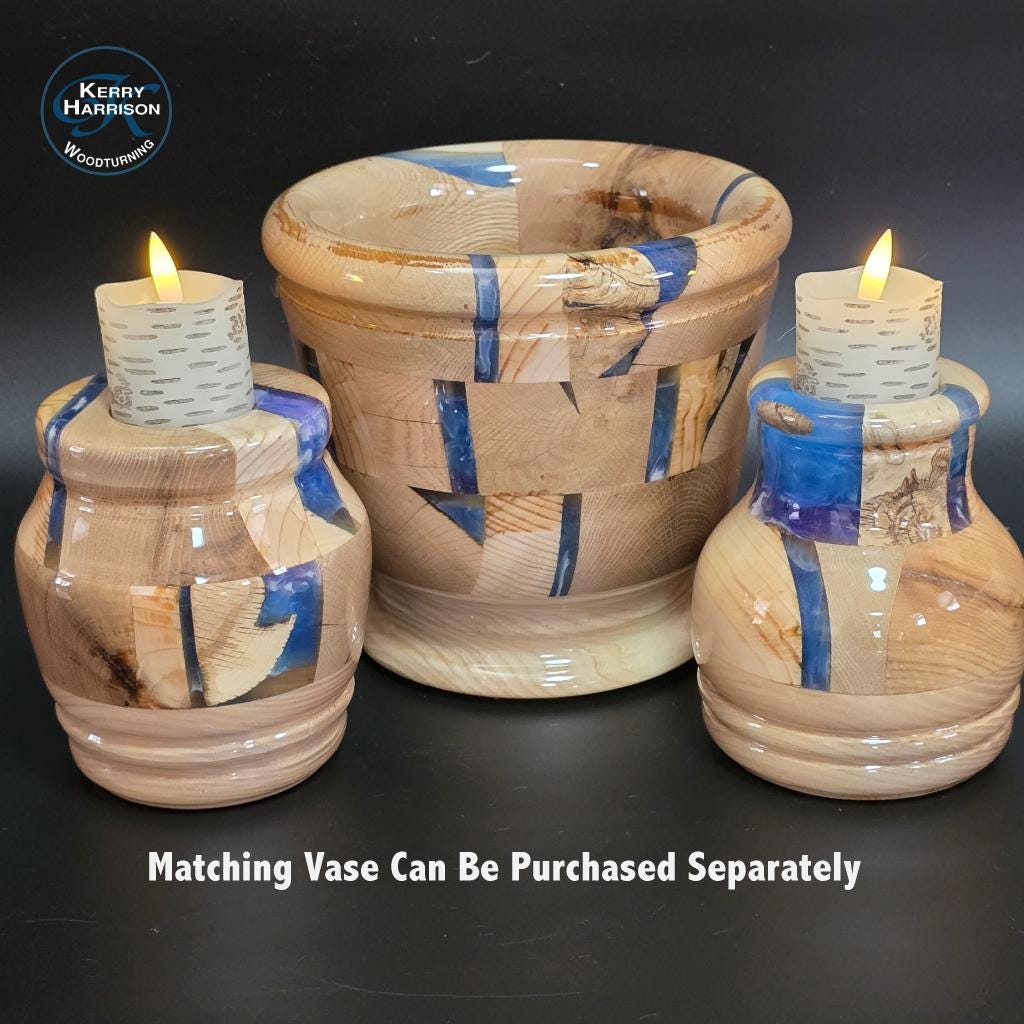 2 Chunky Wooden Candleholders - Wood & Blue Resin - flameless candles included