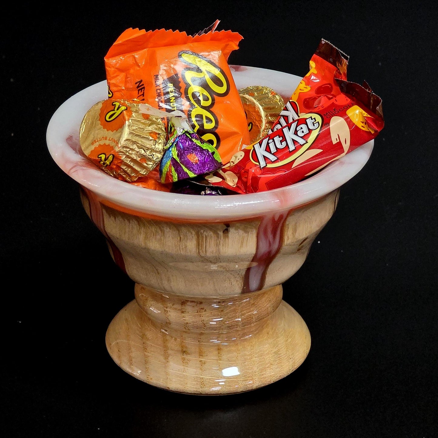 Wood Candy Dish 5" Round - Hand Turned Using Wood with Orange & White Resin Accents