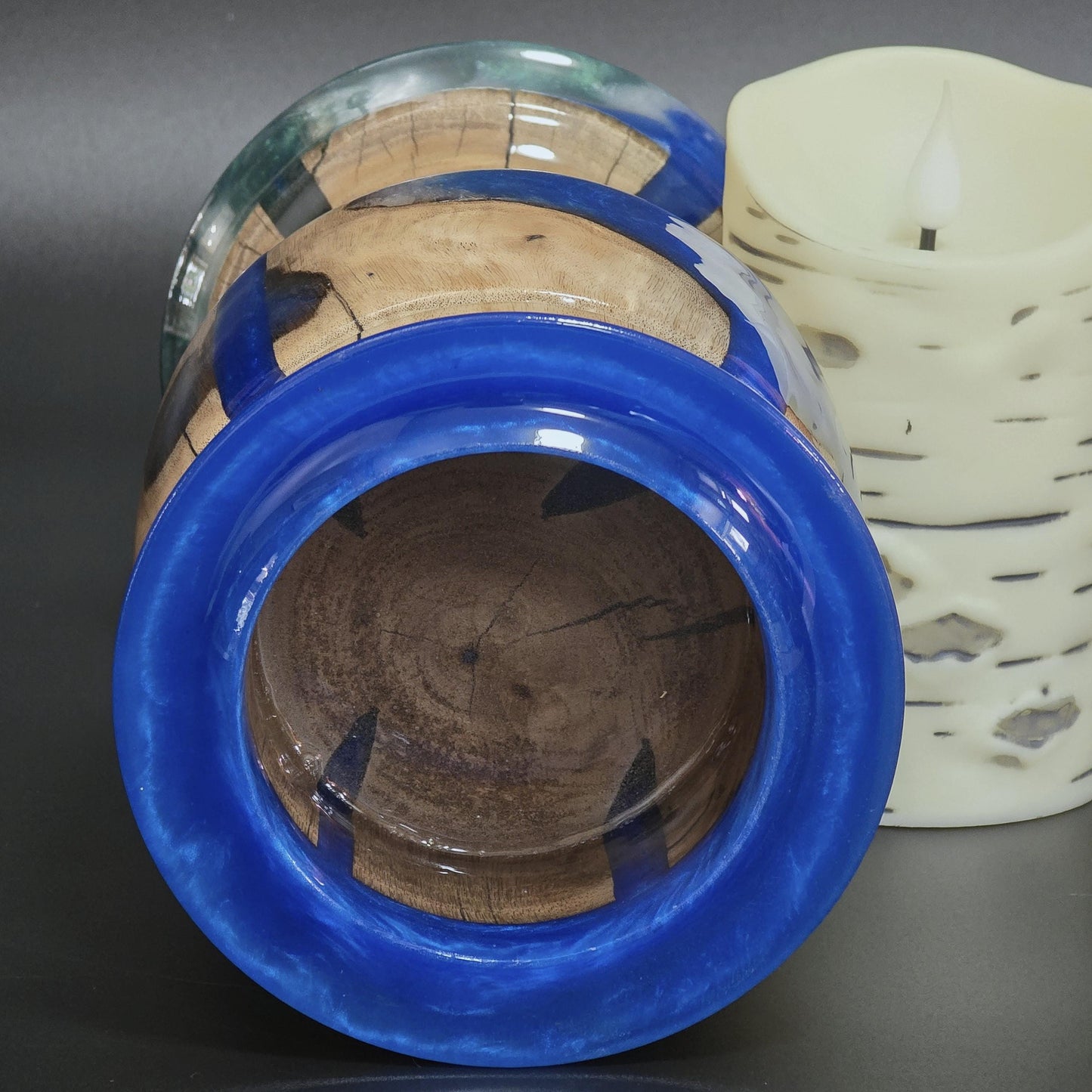 Wood Candle Holder with Royal Blue Resin - Minnesota Handcrafted - flameless candle included