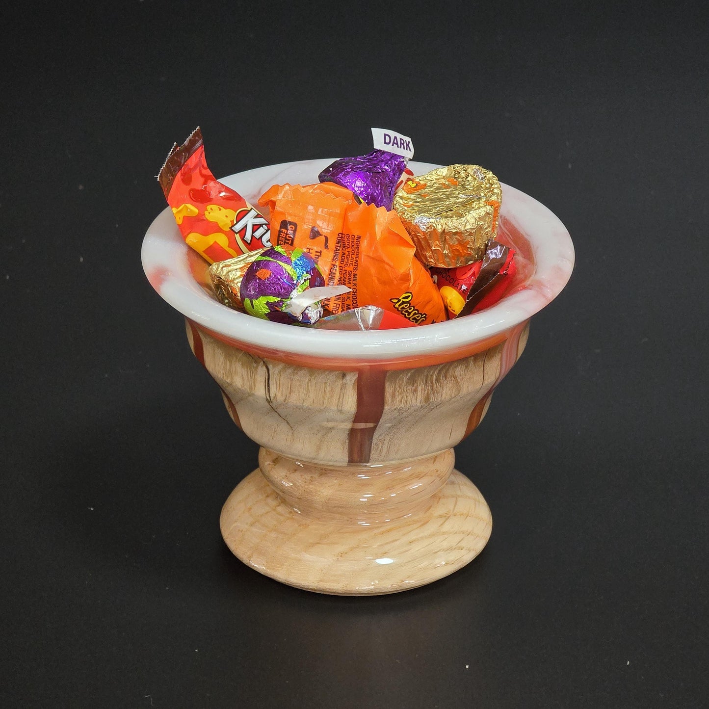 Wood Candy Dish 5" Round - Hand Turned Using Wood with Orange & White Resin Accents