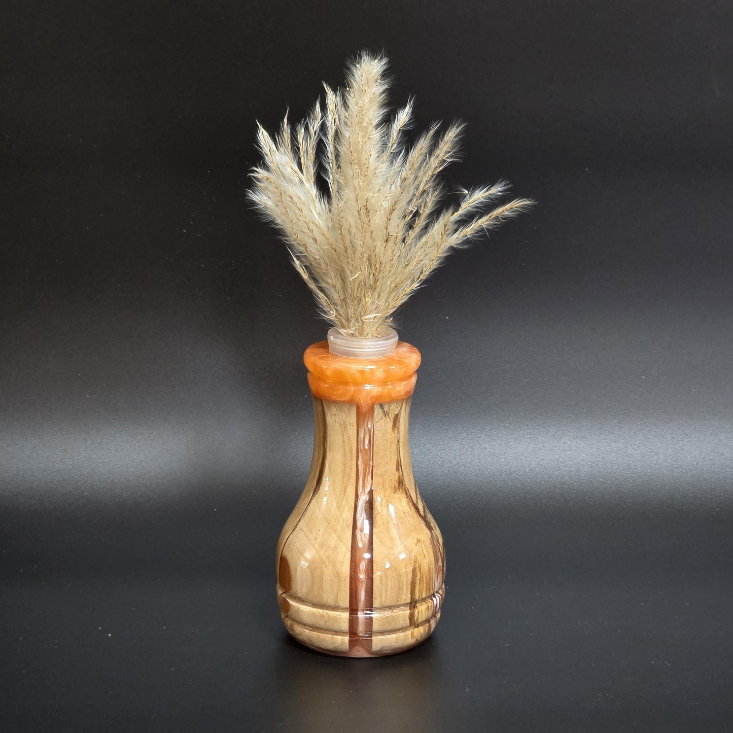 Hand Turned Wood Bud Vase - Orange resin rim - water tube included