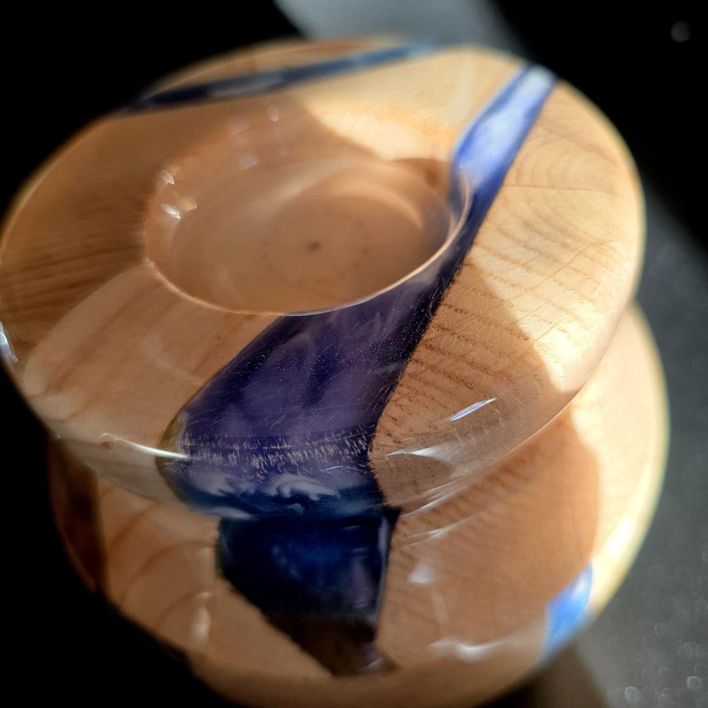 2 Chunky Wooden Candleholders - Wood & Blue Resin - flameless candles included