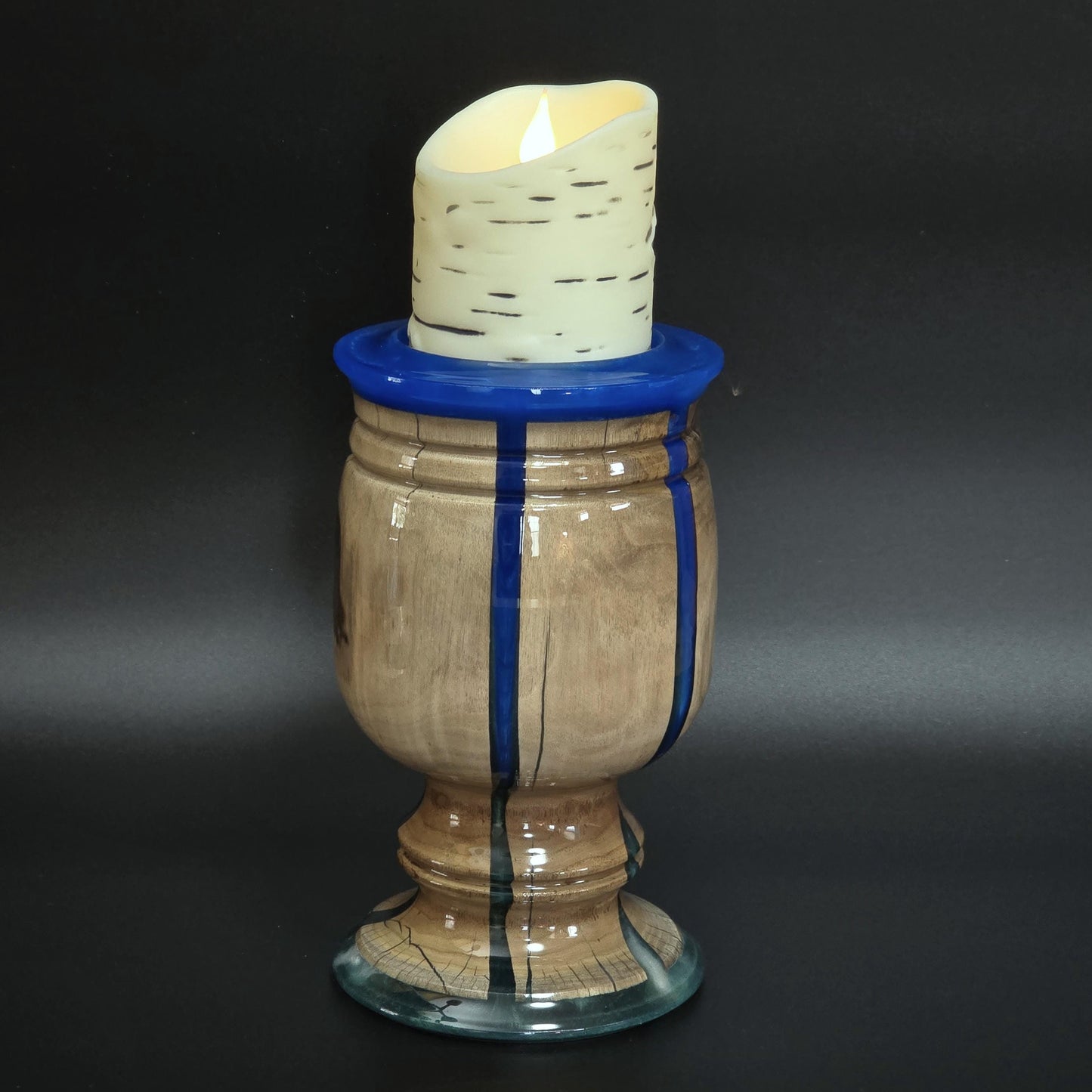 Wood Candle Holder with Royal Blue Resin - Minnesota Handcrafted - flameless candle included