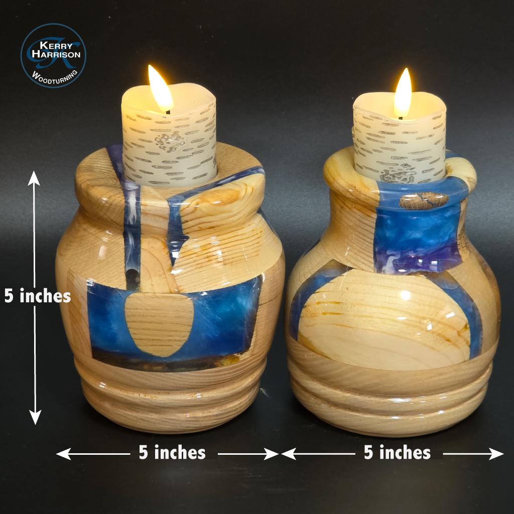 2 Chunky Wooden Candleholders - Wood & Blue Resin - flameless candles included