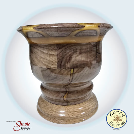 Hand turned black walnut bowl with gold resin accents and ring