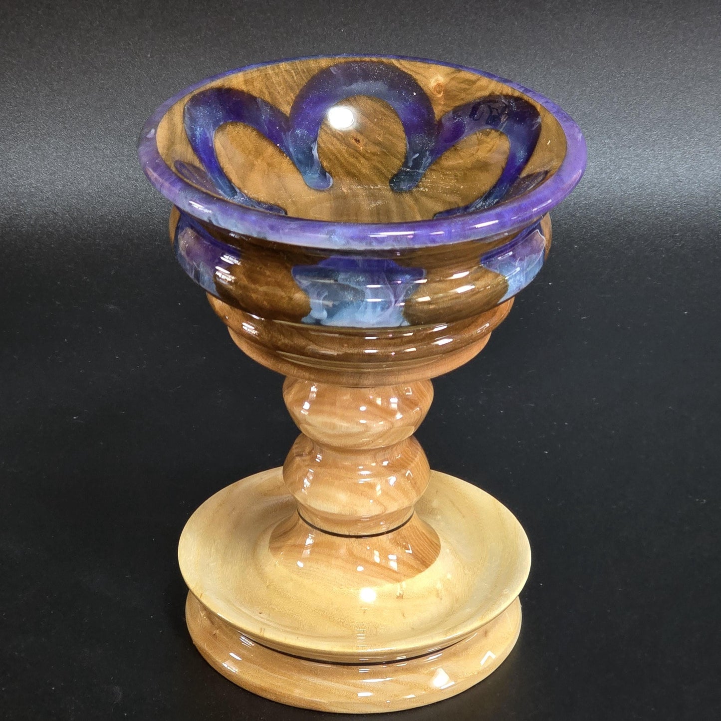 Pedestal Candy Dish with Blue Resin Accents and Rim | Handmade Wood Bowl