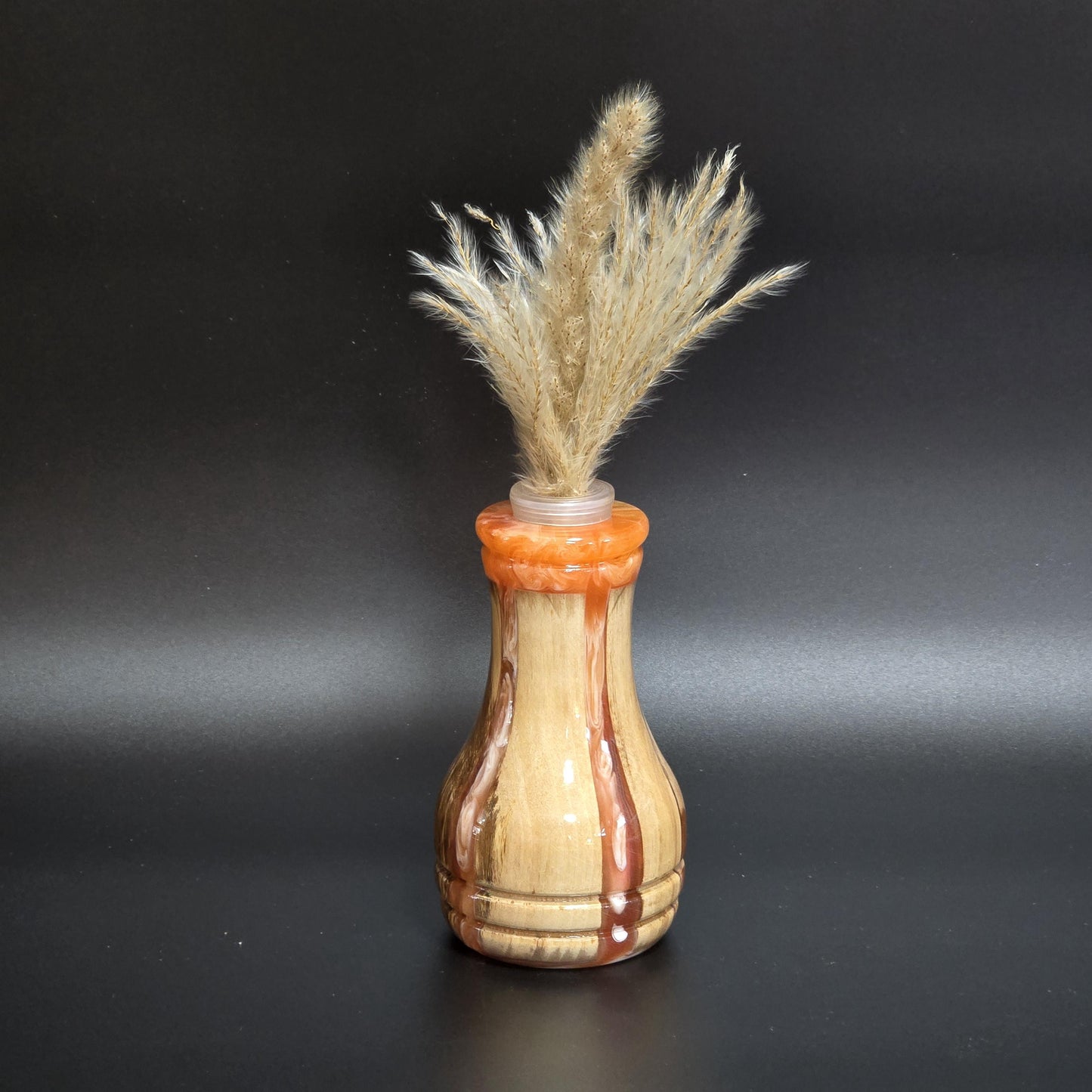 Hand Turned Wood Bud Vase - Orange resin rim - water tube included