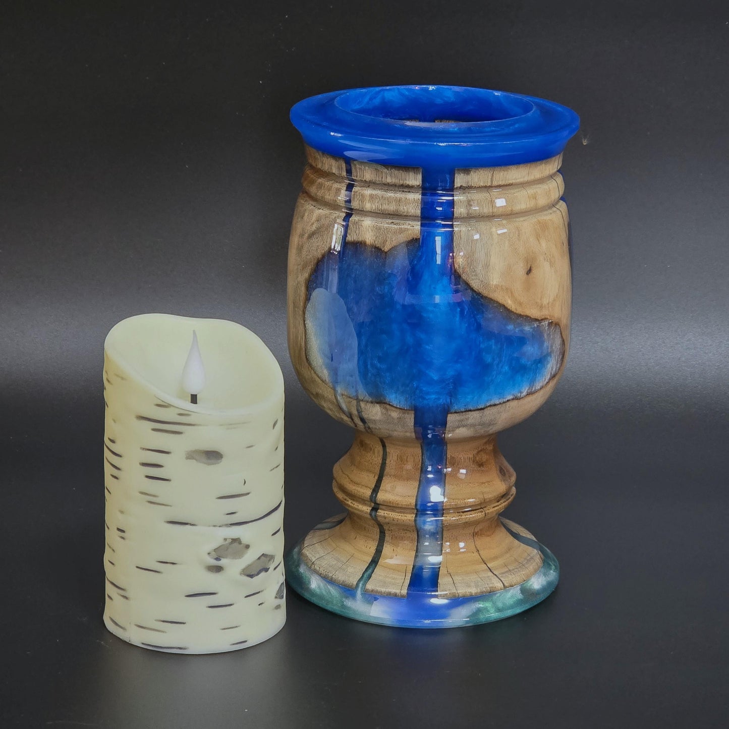 Wood Candle Holder with Royal Blue Resin - Minnesota Handcrafted - flameless candle included