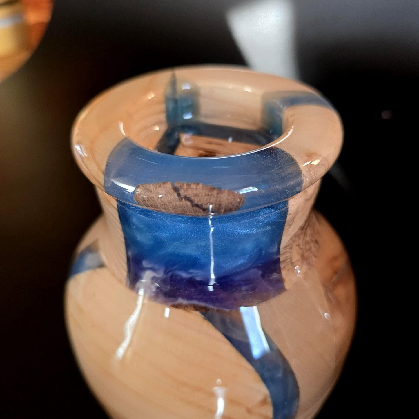 2 Chunky Wooden Candleholders - Wood & Blue Resin - flameless candles included