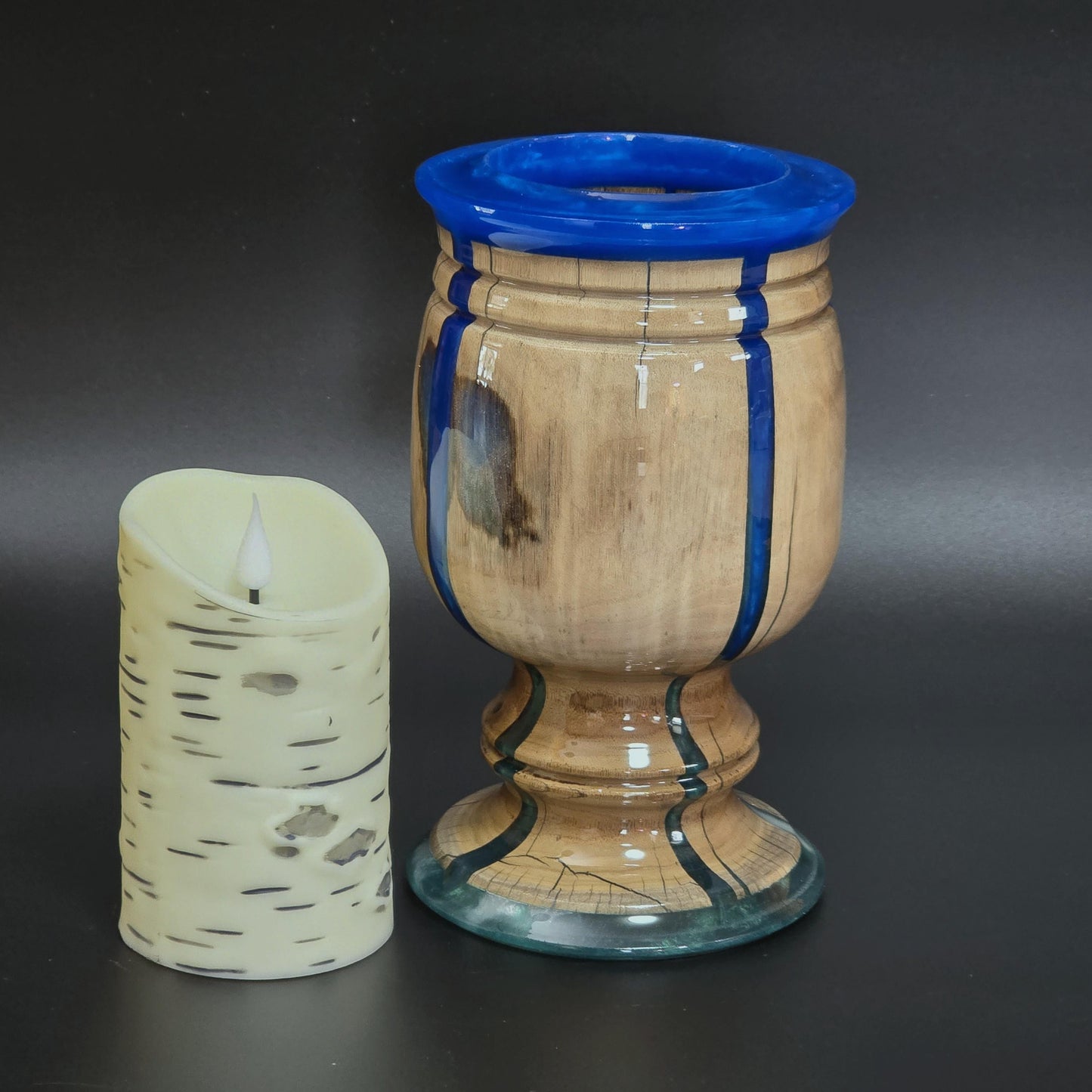 Wood Candle Holder with Royal Blue Resin - Minnesota Handcrafted - flameless candle included