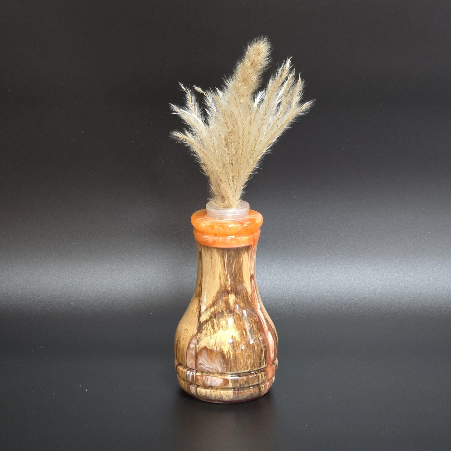 Hand Turned Wood Bud Vase - Orange resin rim - water tube included