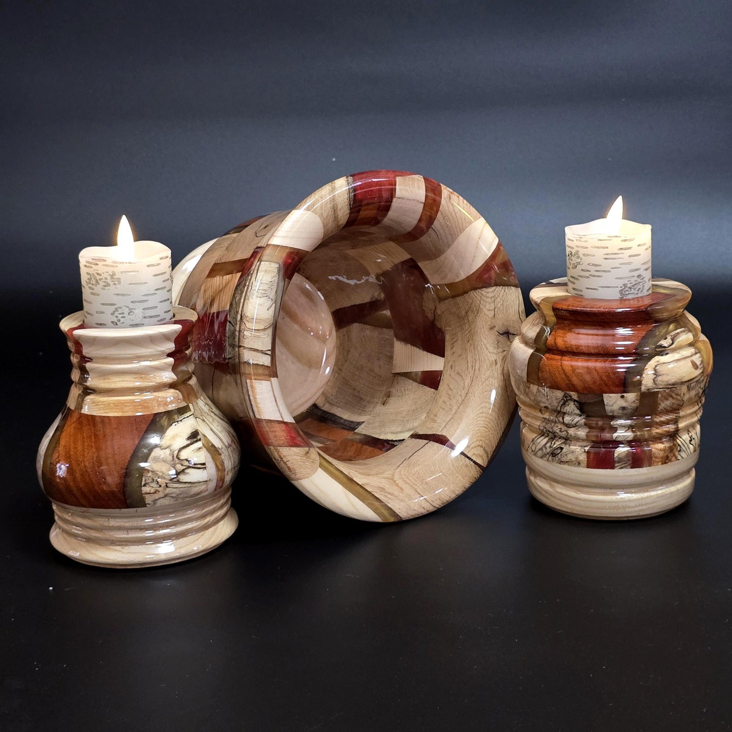 Wood and Resin Dining Table Centerpiece - Vase with 2 Candle Holders - Segmented - Minnesota Made
