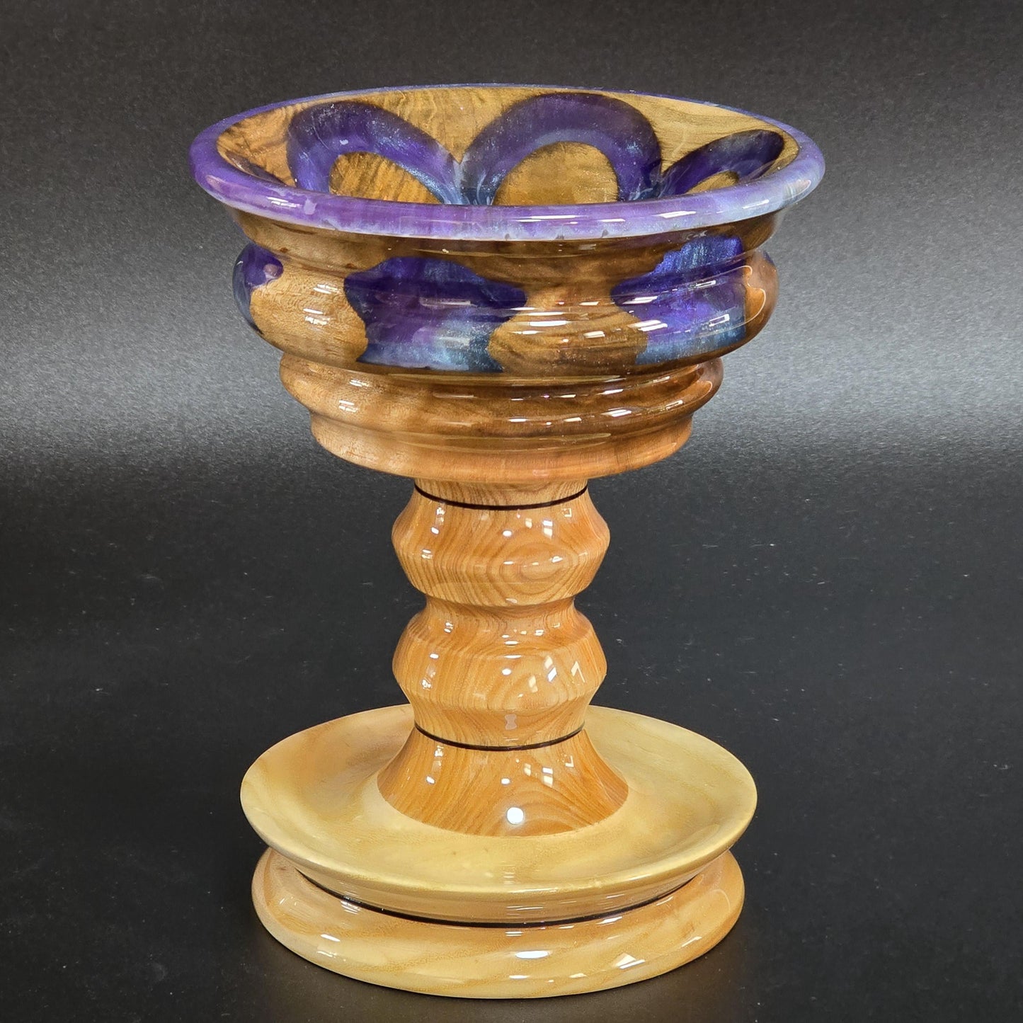Pedestal Candy Dish with Blue Resin Accents and Rim | Handmade Wood Bowl