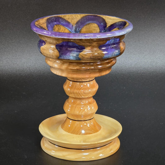 Pedestal Candy Dish with Blue Resin Accents and Rim | Handmade Wood Bowl